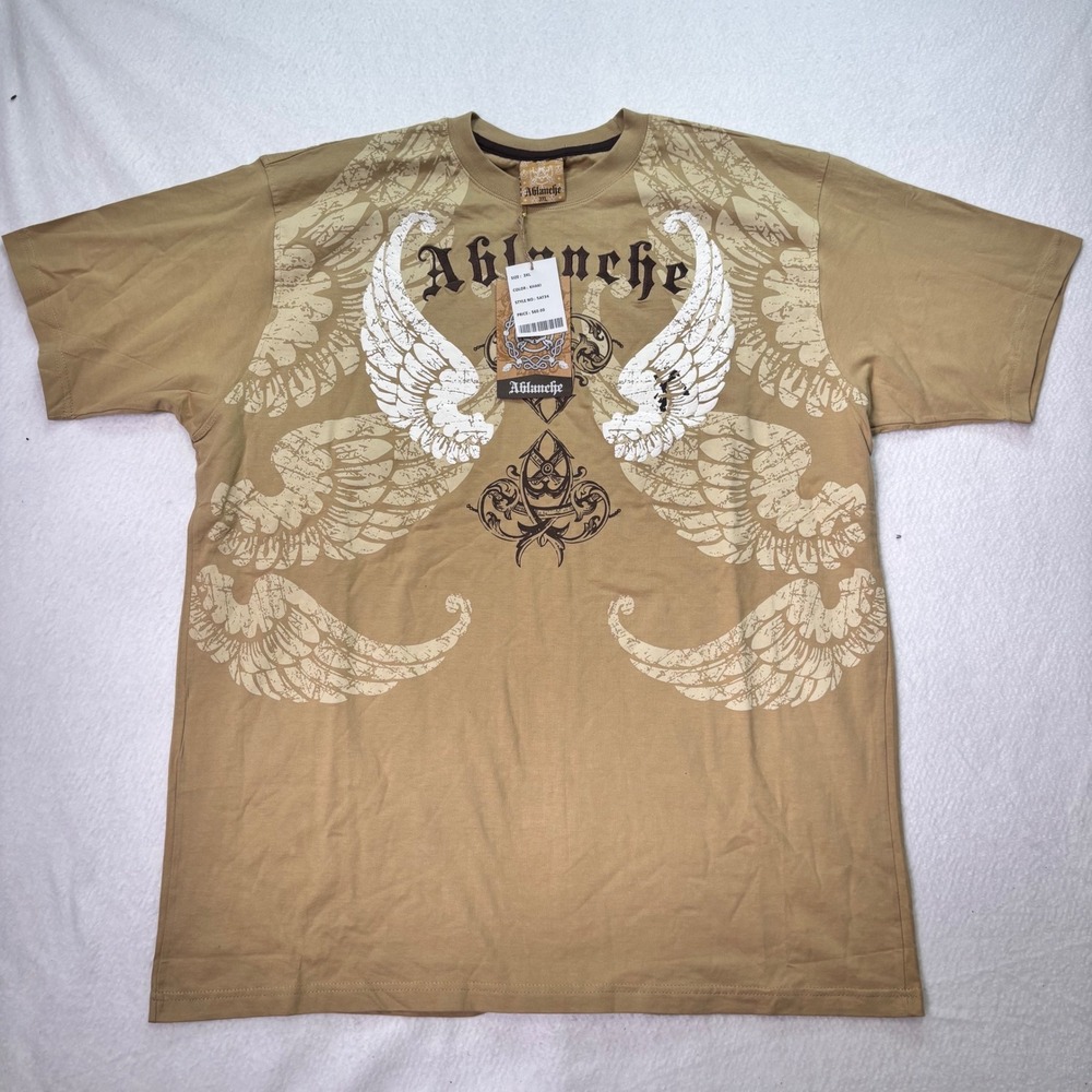Ablanche Graphic T-Shirt Mens 3XL Khaki Wing Tattoo Y2K Streetwear NWT